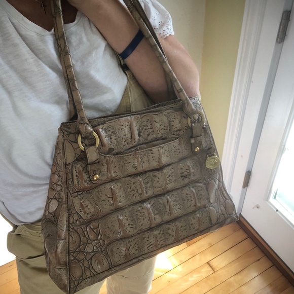 ANNETTA BRAHMIN ORINOCO STONE Handbag Taupe Croc‎ Embossed Leather Beige GUC